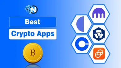 Gold Bitcoin coin alongside hexagon icons of top cryptocurrency exchange apps including Coinbase and Kraken.