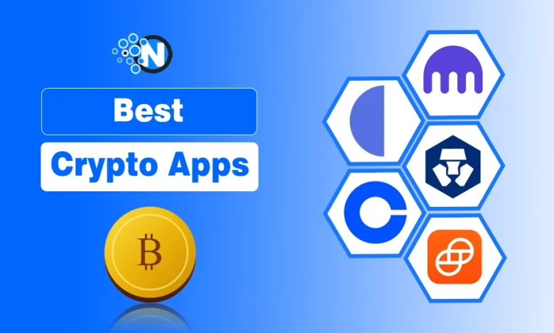 Gold Bitcoin coin alongside hexagon icons of top cryptocurrency exchange apps including Coinbase and Kraken.