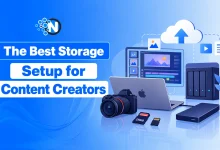 Illustration of the best storage setup for content creators featuring a camera, SD cards, external SSD, laptop, NAS device, and cloud backup.
