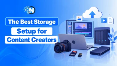 Illustration of the best storage setup for content creators featuring a camera, SD cards, external SSD, laptop, NAS device, and cloud backup.