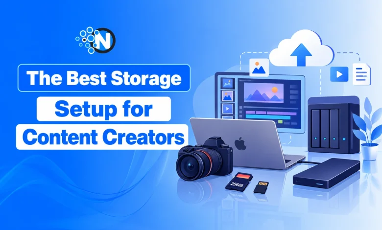 Illustration of the best storage setup for content creators featuring a camera, SD cards, external SSD, laptop, NAS device, and cloud backup.