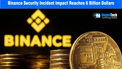 Gold cryptocurrency coins stacked in front of a blurred Binance logo on a dark background.