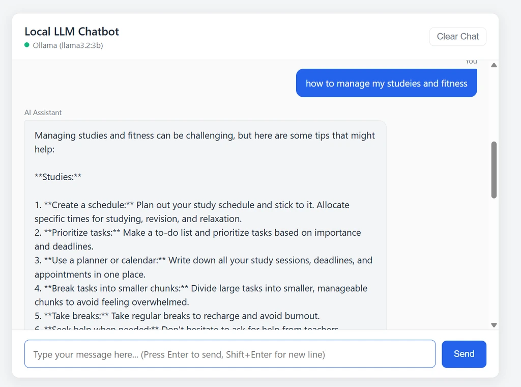 My Local LLM Chatbot running entirely on my laptop, powered by Ollama and with zero cloud calls involved.