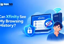 Wondering user next to a laptop displaying the Xfinity portal with privacy shield and eye-slash security icons.