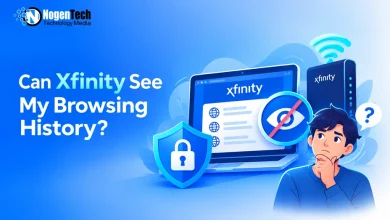 Wondering user next to a laptop displaying the Xfinity portal with privacy shield and eye-slash security icons.