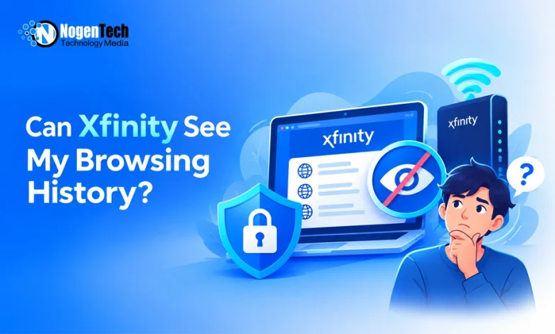 Wondering user next to a laptop displaying the Xfinity portal with privacy shield and eye-slash security icons.