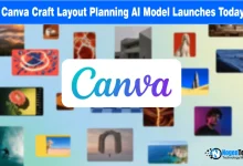 Centered white Canva logo overlaying a grid of diverse design layout templates and photos.