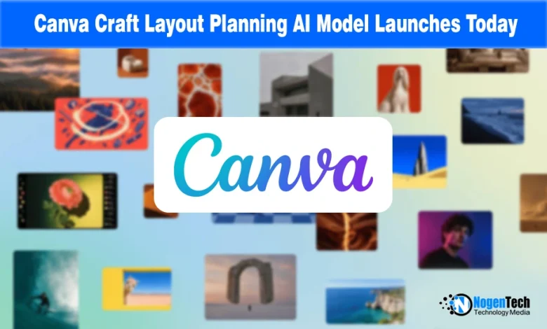 Centered white Canva logo overlaying a grid of diverse design layout templates and photos.