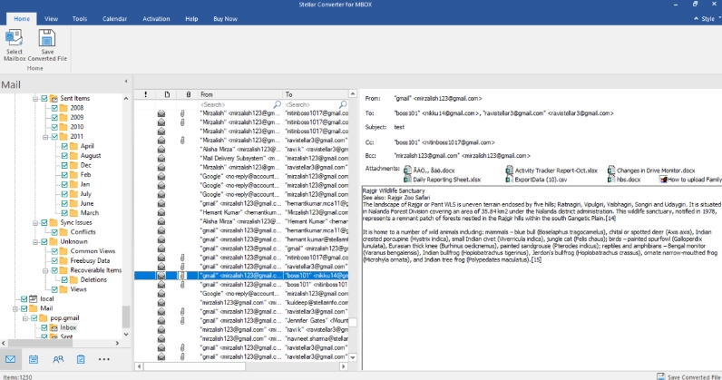 Stellar Converter for MBOX displaying email content and multiple attachments in the mailbox preview.