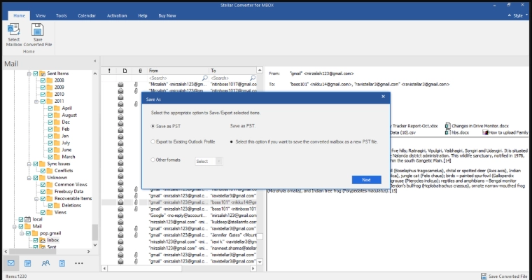 Stellar Converter for MBOX showing options to save converted mailbox data as a new PST, existing Outlook PST, or other formats.