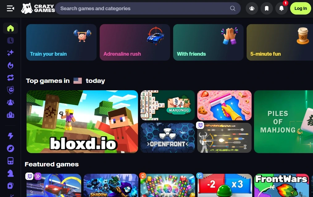 CrazyGames Interface Homepage