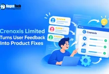 Graphic of a user with a laptop converting star-rated user reviews into product fixes on a Crenoxis dashboard.