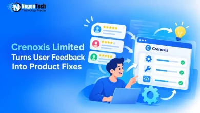 Graphic of a user with a laptop converting star-rated user reviews into product fixes on a Crenoxis dashboard.