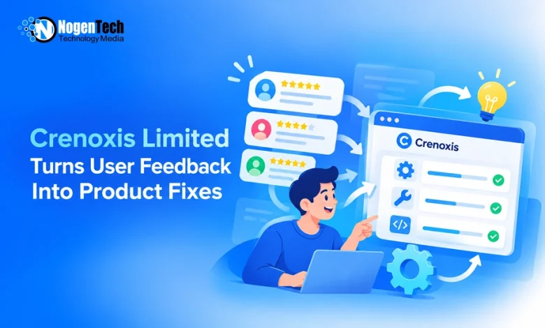 Graphic of a user with a laptop converting star-rated user reviews into product fixes on a Crenoxis dashboard.
