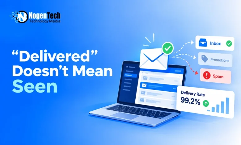 Laptop displaying email metrics with graphic icons routing messages into Inbox, Promotions, and Spam folders.
