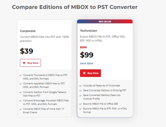 Stellar MBOX to PST Converter comparison showing Corporate and Technician editions with pricing and features.