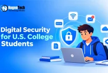 Student using a laptop surrounded by digital security and privacy icons on a blue background.