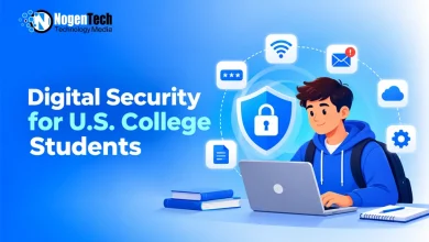 Student using a laptop surrounded by digital security and privacy icons on a blue background.