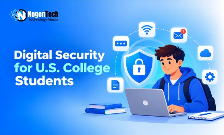 Student using a laptop surrounded by digital security and privacy icons on a blue background.