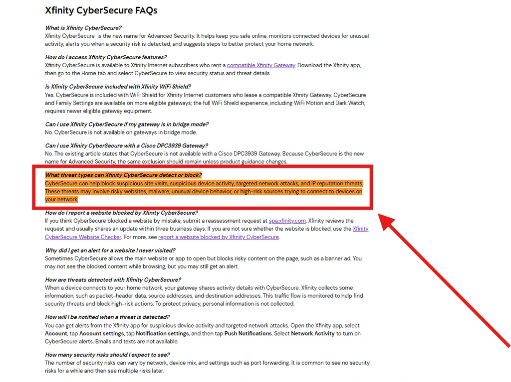 Xfinity explains the types of online threats CyberSecure can detect or block | Image Credit: Xfinity.Â