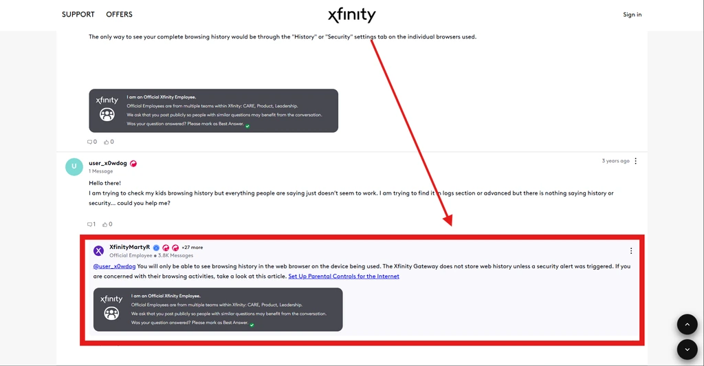 An official Xfinity support representative confirms that the Xfinity Gateway does not store browsing history unless a security alert is triggered | Image Source: Xfinity Community Forum