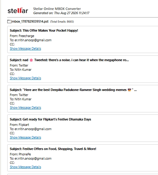 Stellar Online MBOX Converter HTML preview showing converted emails and message details before PST download.