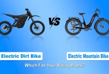 Electric dirt bike vs. electric mountain bike comparison showing a black electric dirt bike and a pedal-assisted electric bike side by side.