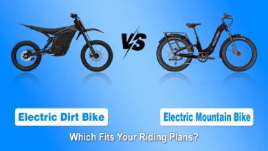 Electric dirt bike vs. electric mountain bike comparison showing a black electric dirt bike and a pedal-assisted electric bike side by side.