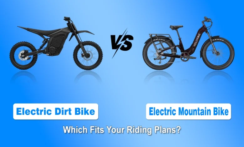Electric dirt bike vs. electric mountain bike comparison showing a black electric dirt bike and a pedal-assisted electric bike side by side.