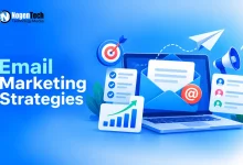 Open envelope with a letter popping out of a laptop surrounded by growth chart, target board, megaphone, and paper plane icons.