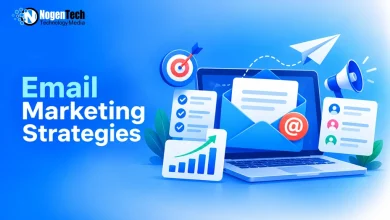 Open envelope with a letter popping out of a laptop surrounded by growth chart, target board, megaphone, and paper plane icons.
