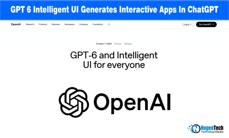 OpenAI product announcement webpage showing "GPT-6 and Intelligent UI for everyone" heading and OpenAI logo.