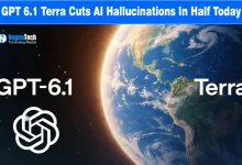 Earth globe floating in space next to the GPT-6.1 Terra model name and white OpenAI logo.