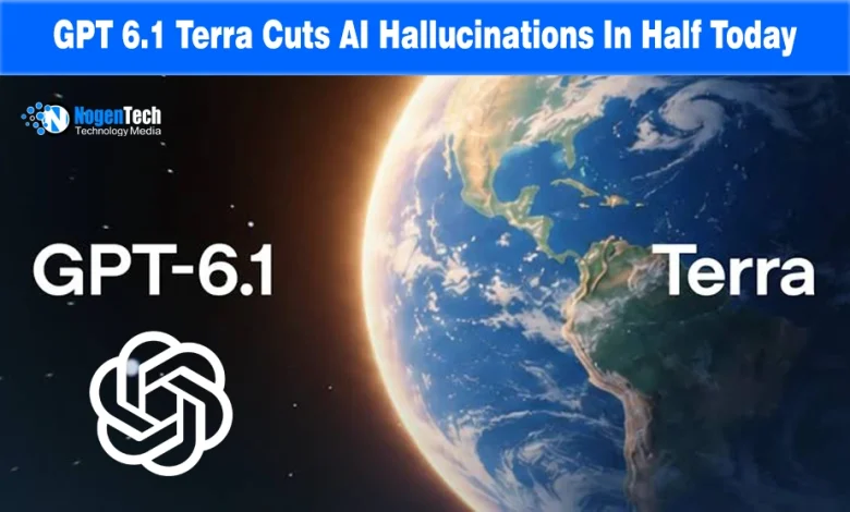 Earth globe floating in space next to the GPT-6.1 Terra model name and white OpenAI logo.