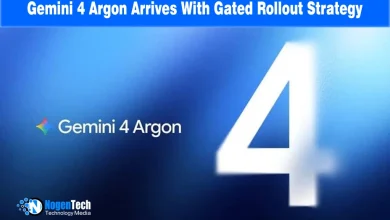 Google Gemini spark logo next to text reading Gemini 4 Argon with a large white number four on a blue background.