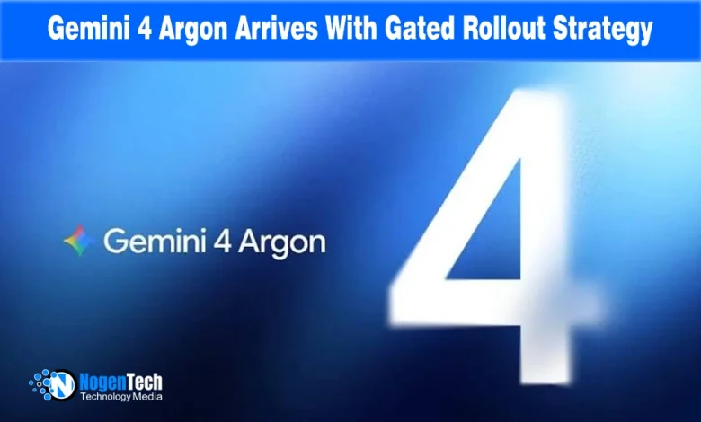 Google Gemini spark logo next to text reading Gemini 4 Argon with a large white number four on a blue background.