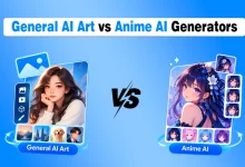 General AI Art vs Anime AI Generators comparison showing realistic AI-generated artwork and anime-style characters side by side.