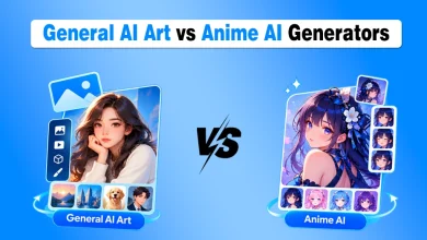 General AI Art vs Anime AI Generators comparison showing realistic AI-generated artwork and anime-style characters side by side.