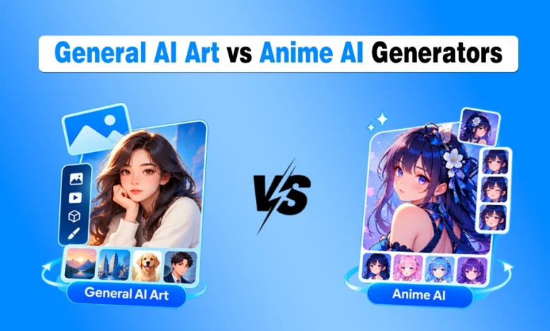 General AI Art vs Anime AI Generators comparison showing realistic AI-generated artwork and anime-style characters side by side.