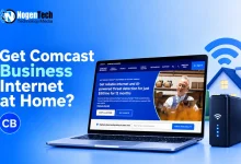 Laptop showing the Comcast Business website next to a Wi-Fi router model and a miniature home setup.