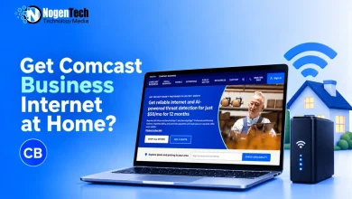 Laptop showing the Comcast Business website next to a Wi-Fi router model and a miniature home setup.