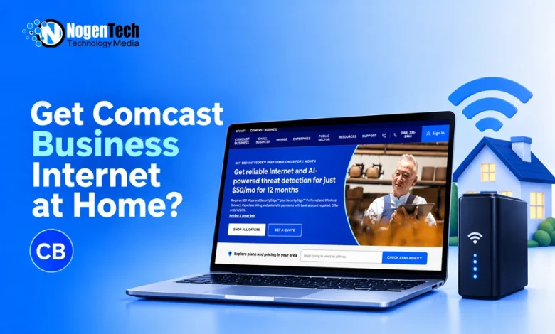 Laptop showing the Comcast Business website next to a Wi-Fi router model and a miniature home setup.