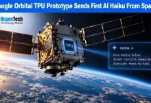 Google's Project Suncatcher satellite with onboard TPU hardware orbits Earth as the Gemma 4 AI model generates a response in space.