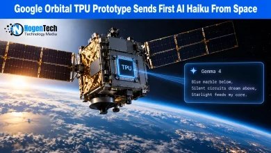 Google's Project Suncatcher satellite with onboard TPU hardware orbits Earth as the Gemma 4 AI model generates a response in space.