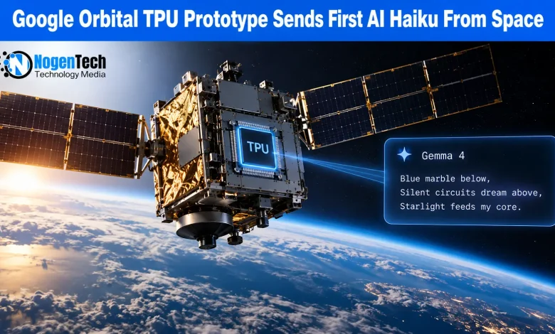 Google's Project Suncatcher satellite with onboard TPU hardware orbits Earth as the Gemma 4 AI model generates a response in space.