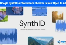 SynthID logo surrounded by media thumbnails showing images, audio waveforms, and text samples.