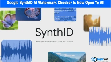 SynthID logo surrounded by media thumbnails showing images, audio waveforms, and text samples.