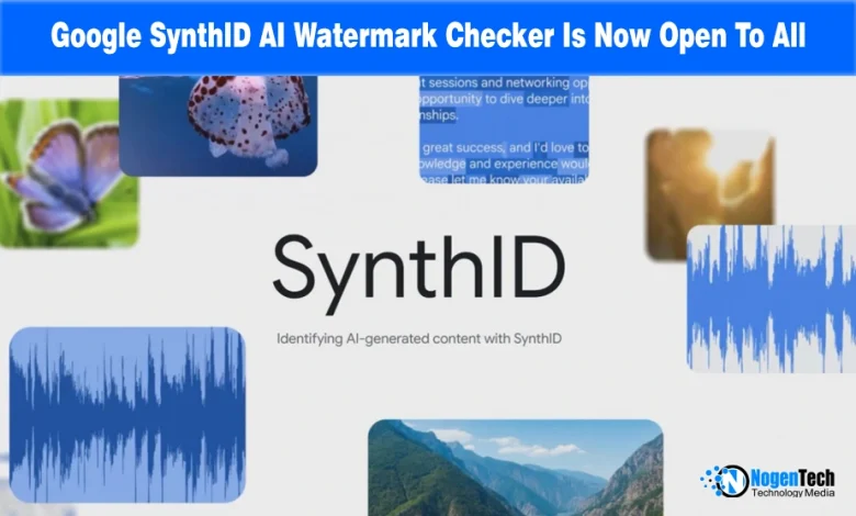 SynthID logo surrounded by media thumbnails showing images, audio waveforms, and text samples.
