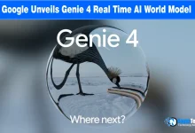 Glass sphere reflection showing a crested crane bird in a snowy environment with Genie 4 text.