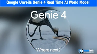 Glass sphere reflection showing a crested crane bird in a snowy environment with Genie 4 text.